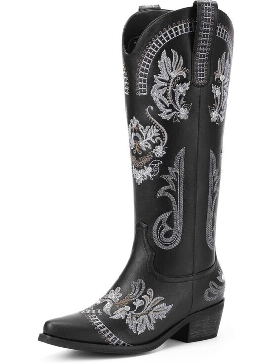 Shoes - Women's Wide Calf Knee High Sparkly Rhinestone Black Western Boots Pull On Boots